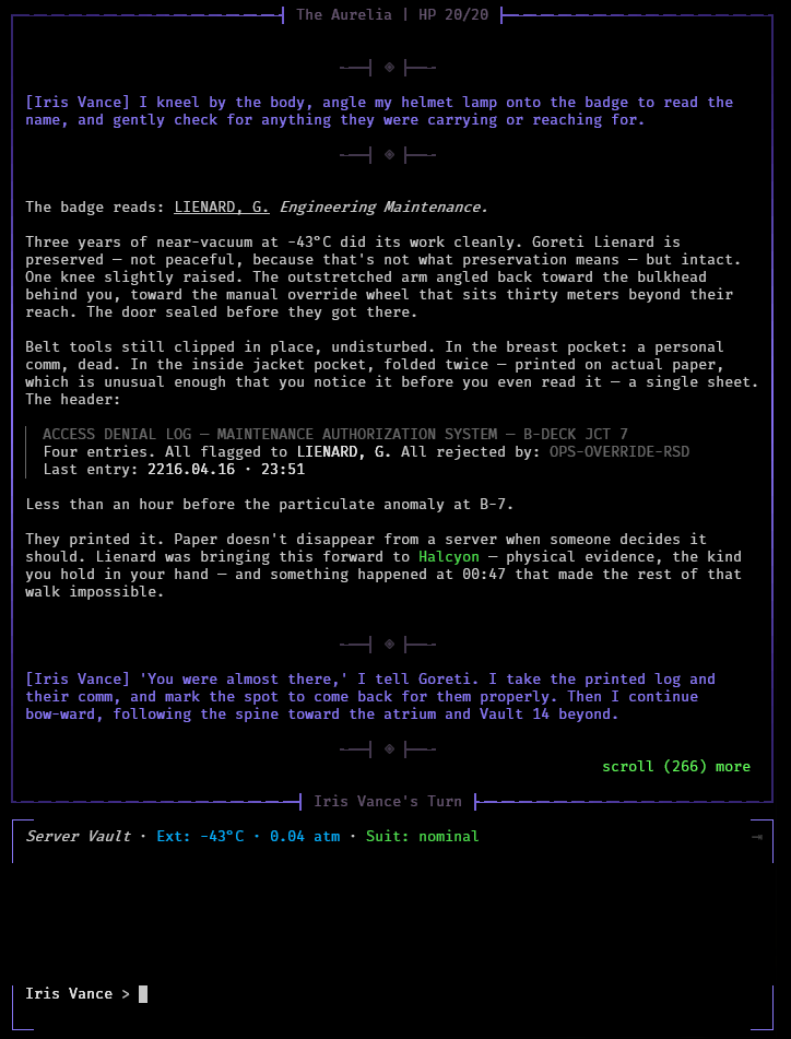 Machine Violet gameplay: a sci-fi investigation aboard the derelict Aurelia, framed in box-drawing borders.