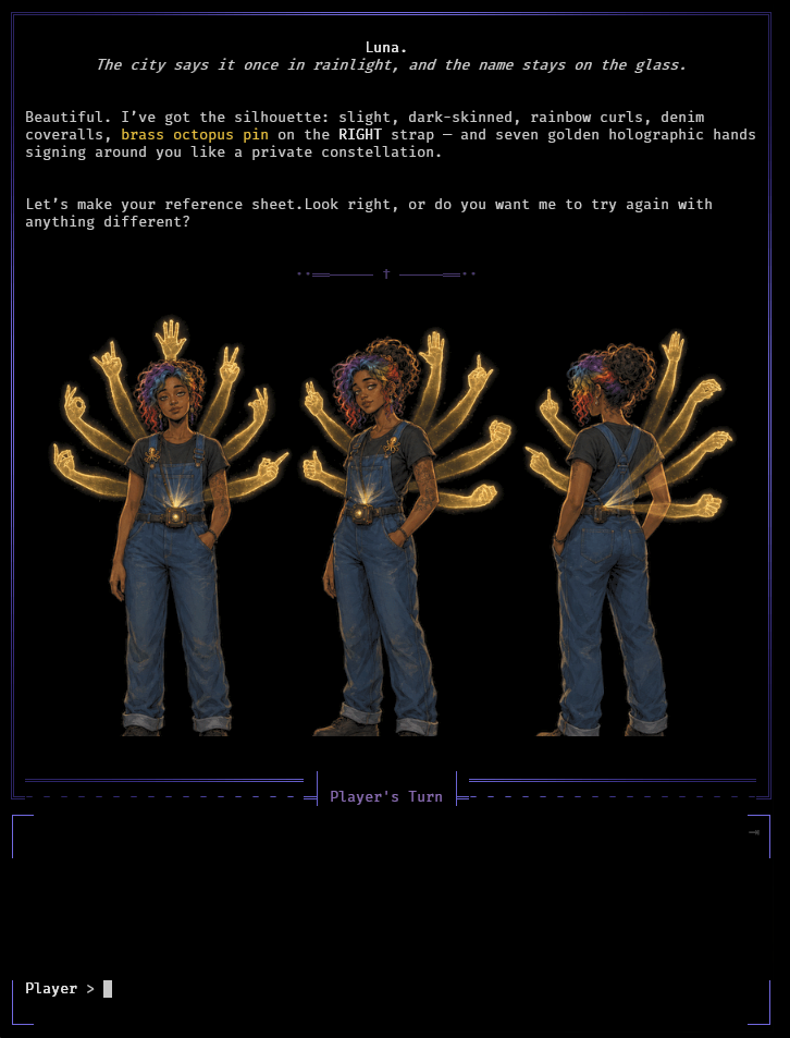 Machine Violet gameplay: an AI-generated three-view character reference sheet rendered in the terminal.