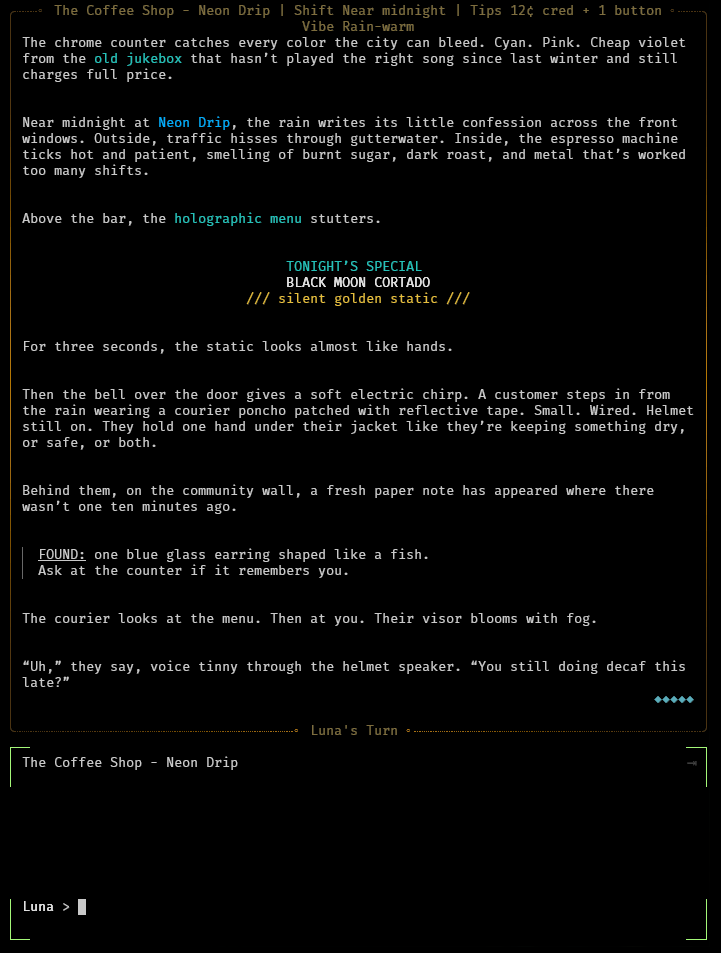 Machine Violet gameplay: a cyberpunk café scene narrated in the terminal, with the player's turn prompt below.