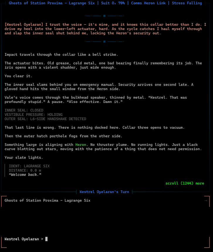 Machine Violet gameplay: a hard-SF station scene under a status modeline tracking suit oxygen, comms, and stress.