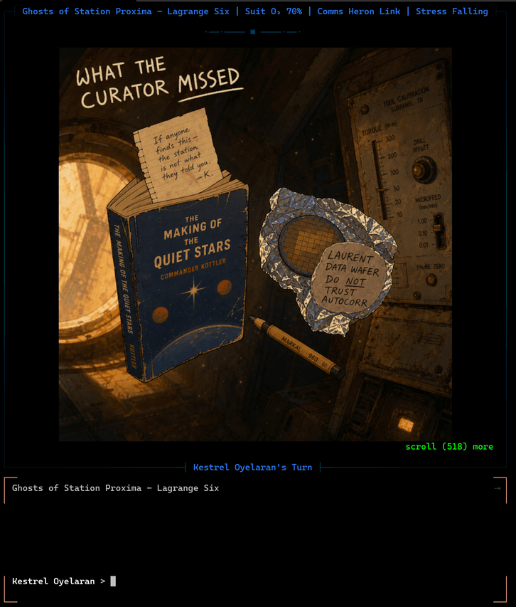 Machine Violet gameplay: an AI-generated still-life illustration rendered inline in the terminal.